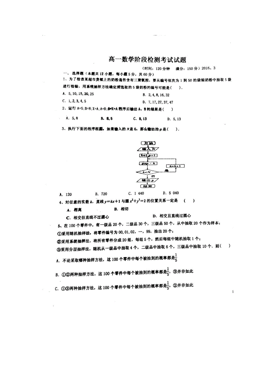 山东省寿光现代中学2015-2016学年高一3月月考数学试题 扫描版含答案.doc_第1页