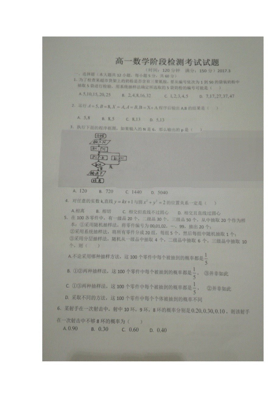 山东省寿光现代中学2016-2017学年高一3月月考数学试题 扫描版含答案.doc_第1页