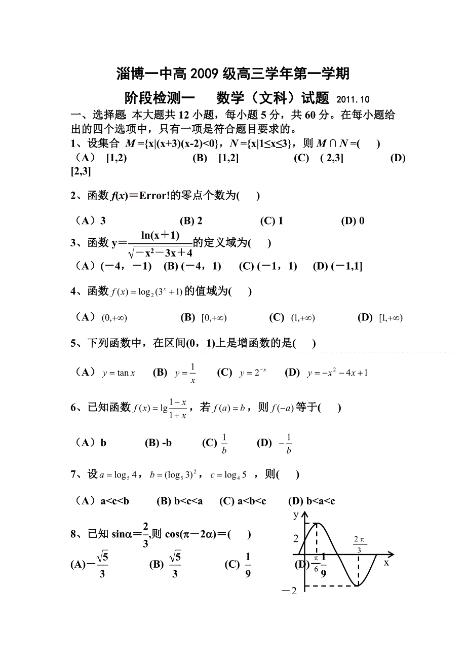 2012届高三数学上册10月月考调研检测试卷5.doc_第1页