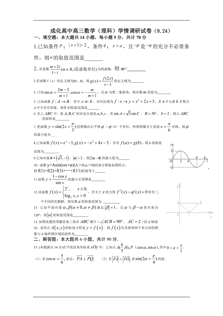 2012届高三数学上册第一次学情调研测试题.doc_第1页