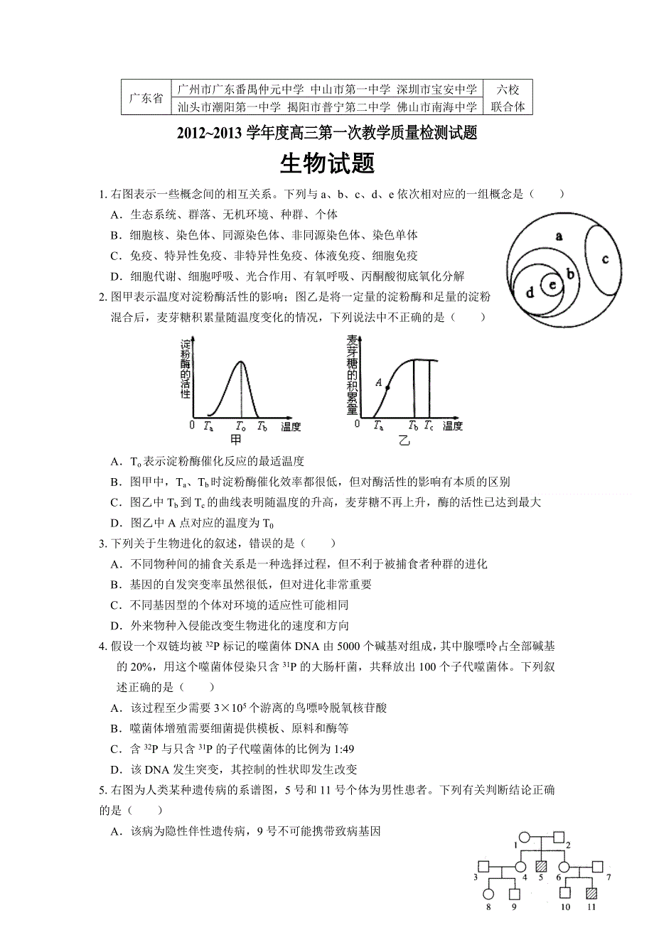 广东省中山一中等六校2013届高三第一次（11月）联考生物试题 WORD版含答案.doc_第1页