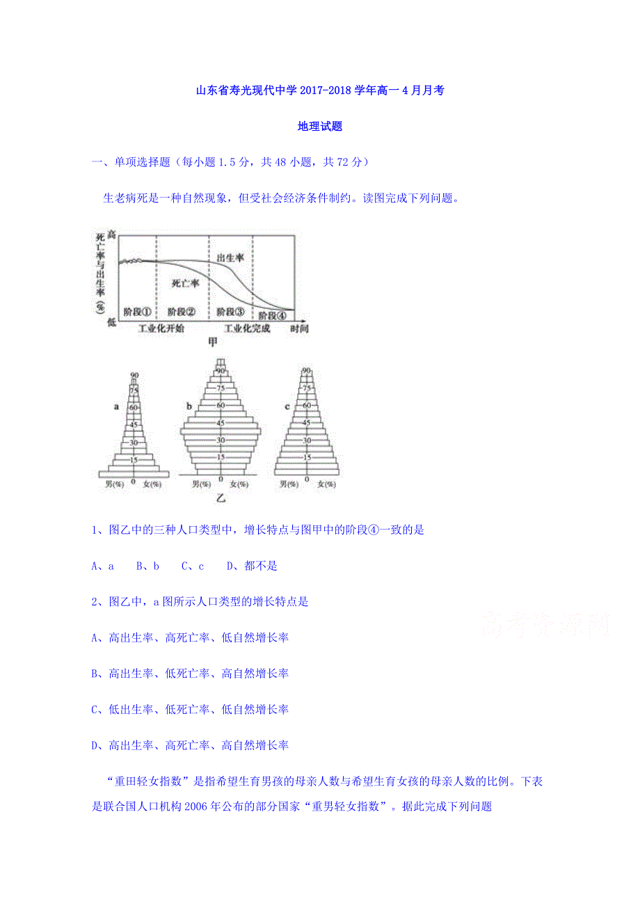 山东省寿光现代中学2017-2018学年高一4月月考地理试题 WORD版含答案.doc_第1页