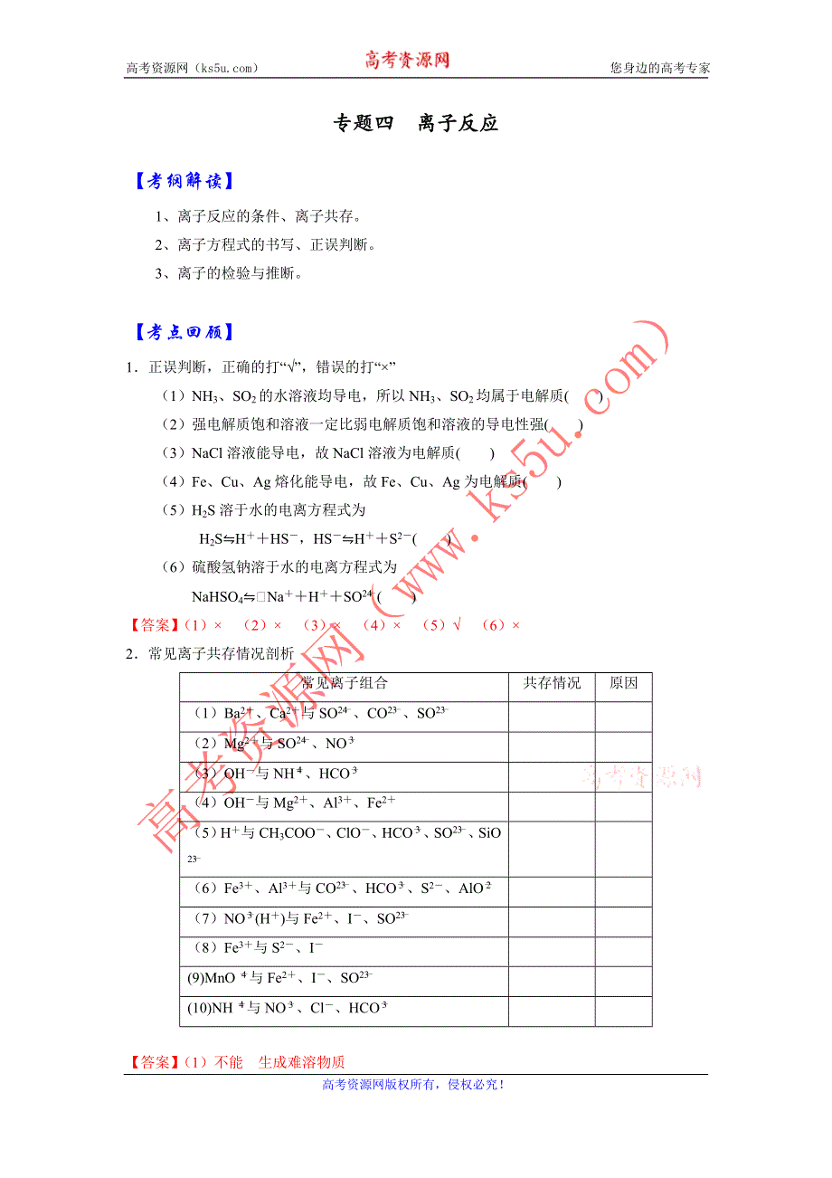 《优选整合》人教版高考化学2017届二轮复习专题四 离子反应（导学案） WORD版含解析.doc_第1页