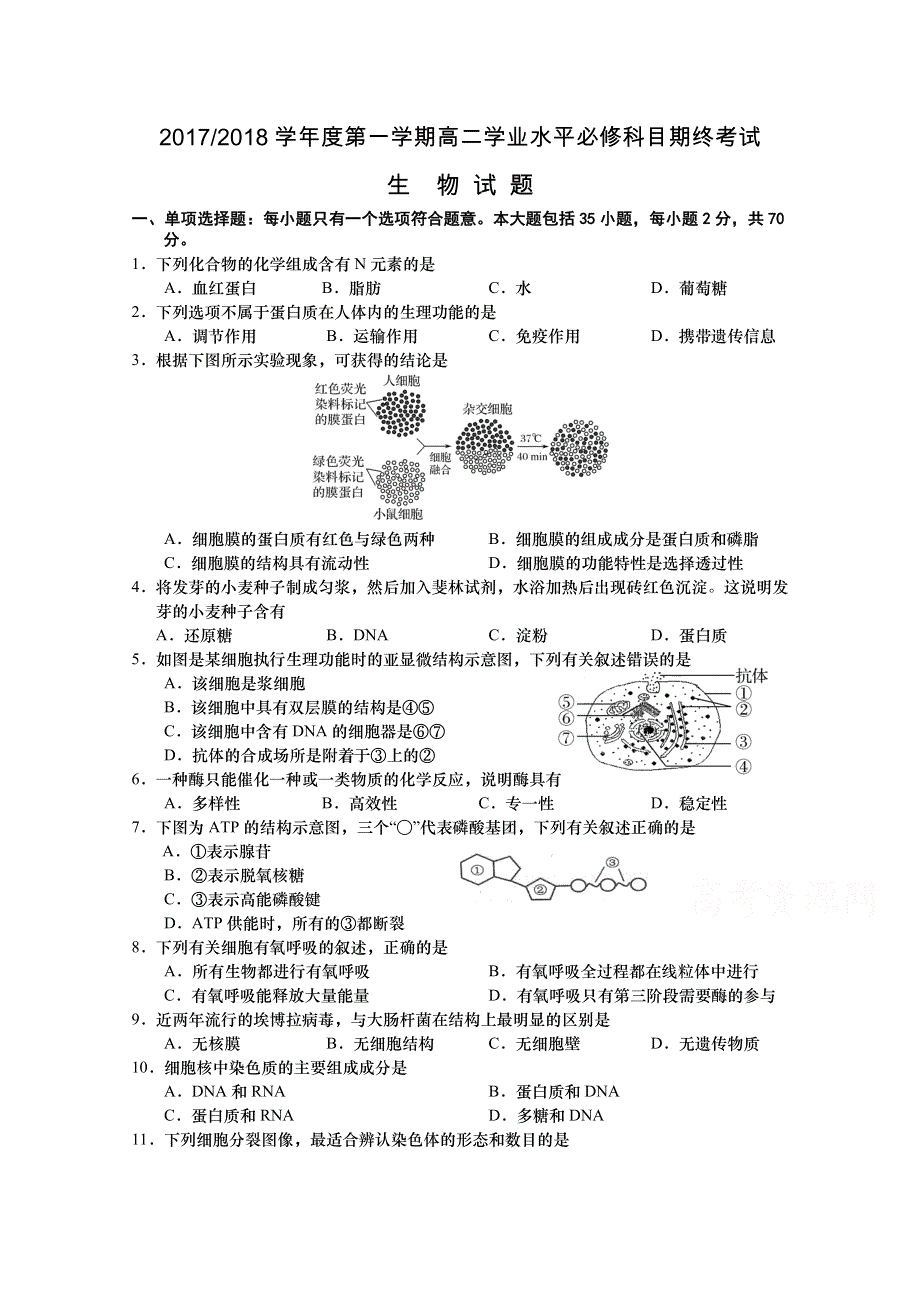 《发布》江苏省盐城市2017-2018学年高二上学期学业水平必修科目期终考试 生物 WORD版含答案.doc_第1页