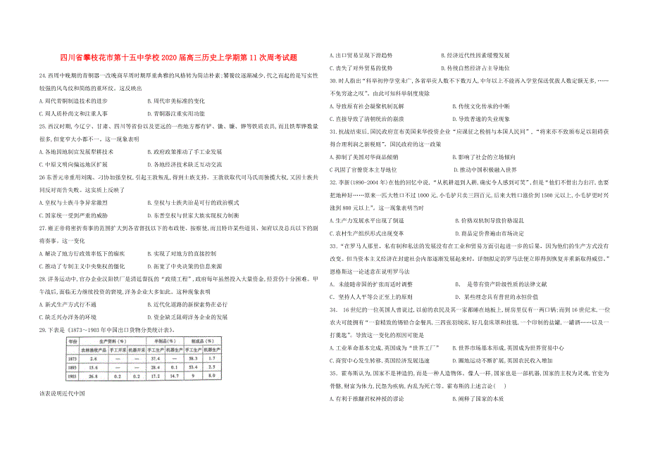 四川省攀枝花市第十五中学校2020届高三历史上学期第11次周考试题.doc_第1页