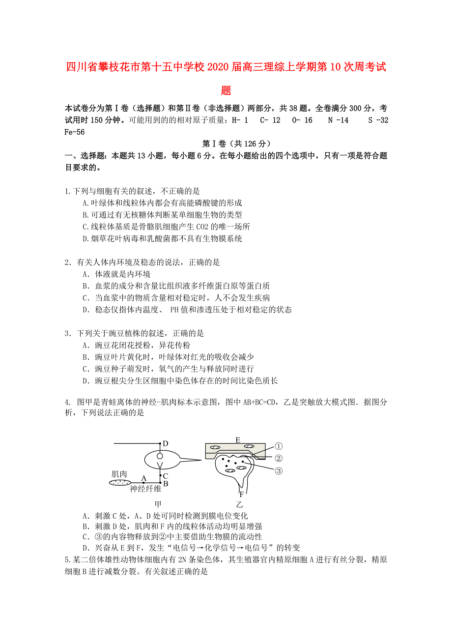 四川省攀枝花市第十五中学校2020届高三理综上学期第10次周考试题.doc_第1页