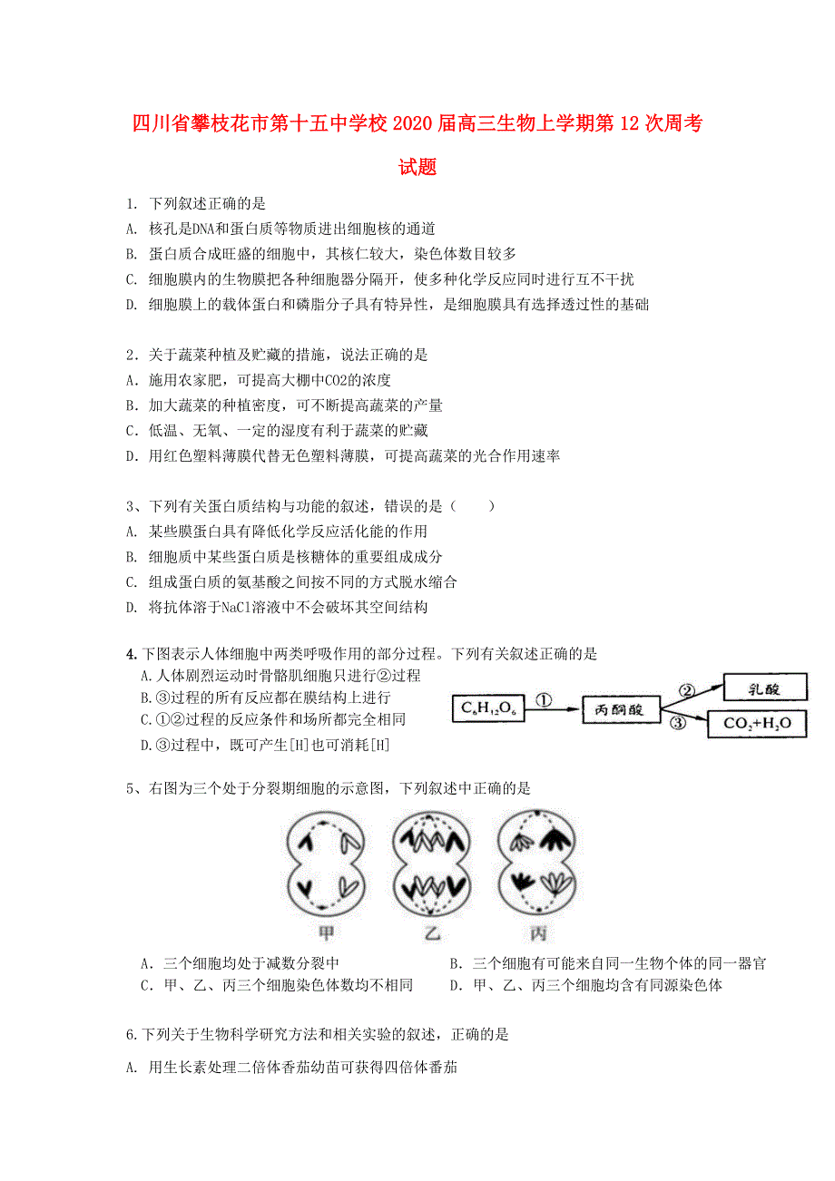 四川省攀枝花市第十五中学校2020届高三生物上学期第12次周考试题.doc_第1页