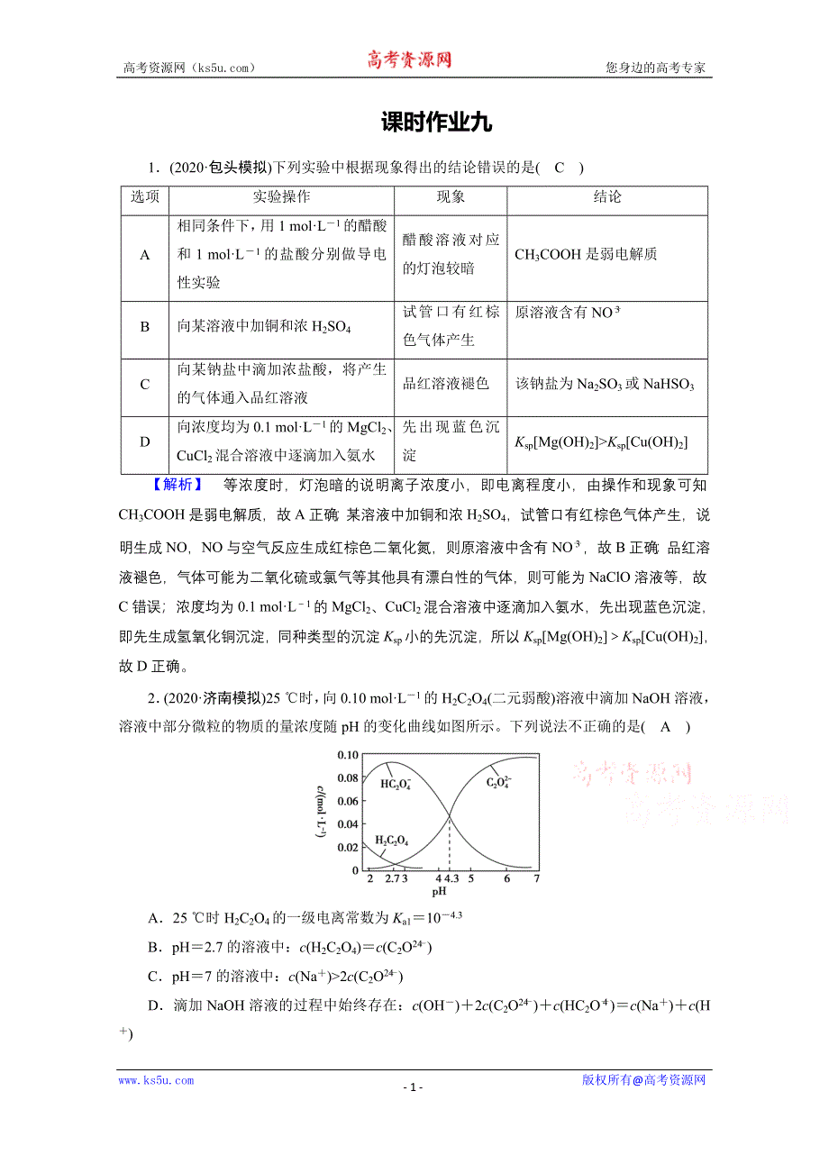 2021届高考二轮化学人教版课时作业9 电解质溶液 WORD版含解析.doc_第1页