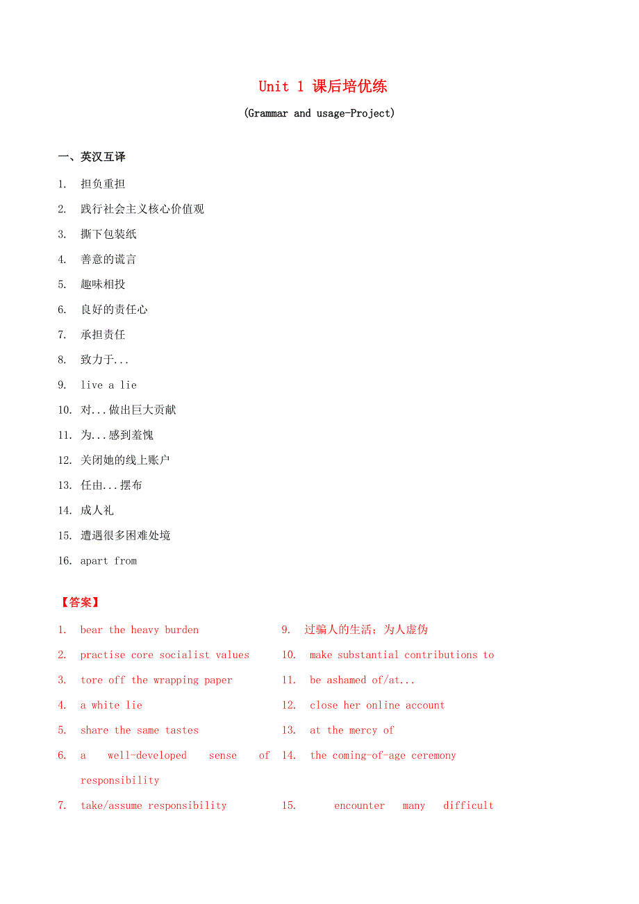 2020年高中英语 Unit 1 Honesty and responsibility Grammar and usage Project课后培优练（含解析）牛津译林版选择性必修第四册.doc_第1页