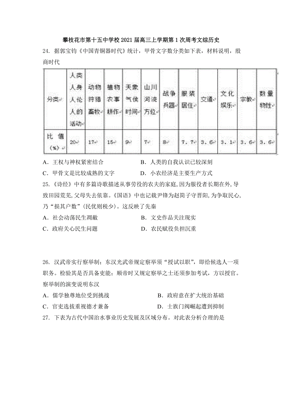 四川省攀枝花市第十五中学校2021届高三上学期第1次周考文综历史试卷 WORD版含答案.doc_第1页