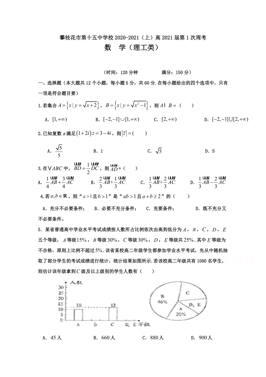 四川省攀枝花市第十五中学校2021届高三上学期第1次周考数学（理）试卷 WORD版含答案.doc_第1页