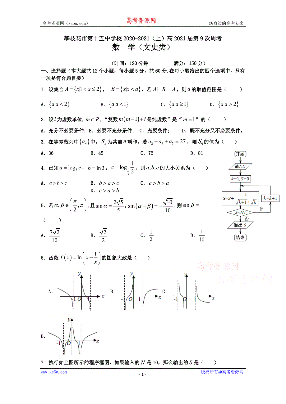 四川省攀枝花市第十五中学校2021届高三上学期第9次周考数学（文）试卷 WORD版含答案.doc_第1页