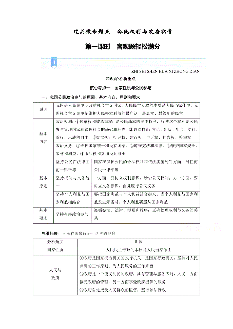 2021届高考二轮政治人教版学案：专题五　公民权利与政府职责 第一课时　客观题轻松满分 WORD版含解析.doc_第1页