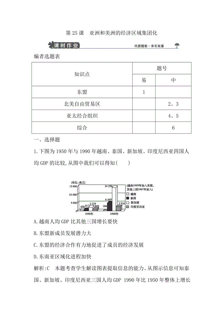 2018版高中历史岳麓版必修二试题：第25课　亚洲和美洲的经济区域集团化 WORD版含解析.doc_第1页