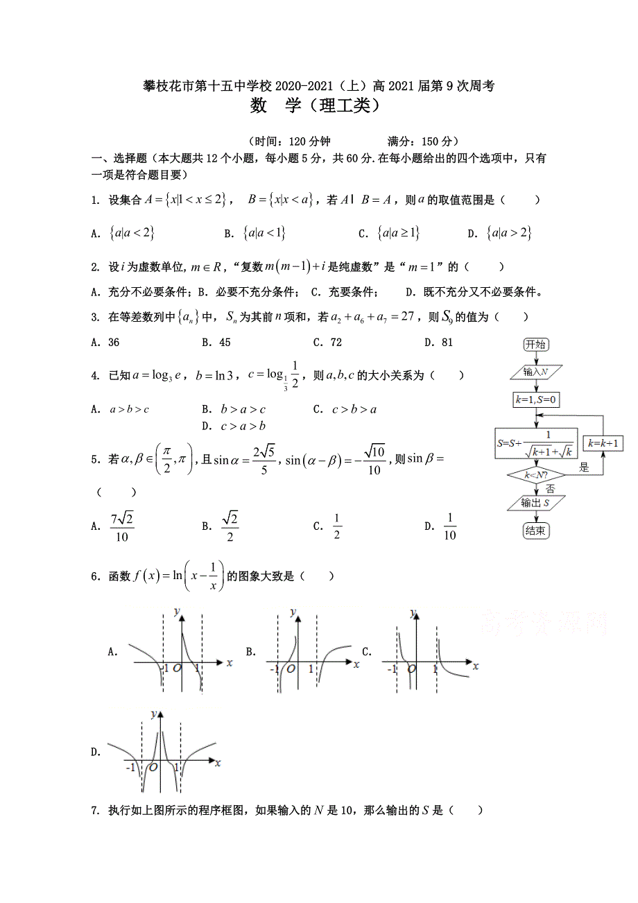 四川省攀枝花市第十五中学校2021届高三上学期第9次周考数学（理）试卷 WORD版含答案.doc_第1页