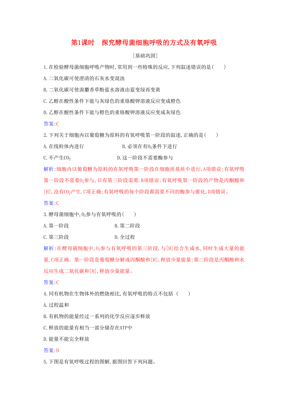 2021年新教材高中生物 第5章 细胞的能量供应和利用 第3节 细胞呼吸的原理和应用 第1课时 探究酵母菌细胞呼吸的方式及有氧呼吸作业（含解析）新人教版必修1.docx_第1页