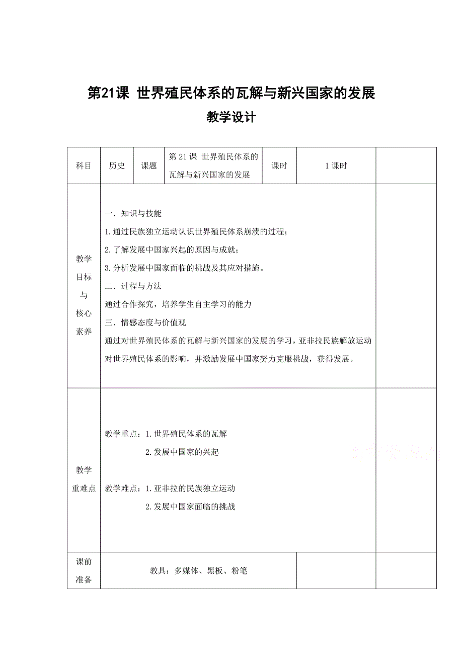 新教材2020-2021学年高一历史部编版必修下册教学教案：第21课 世界殖民体系的瓦解与新兴国家的发展 WORD版含解析.docx_第1页