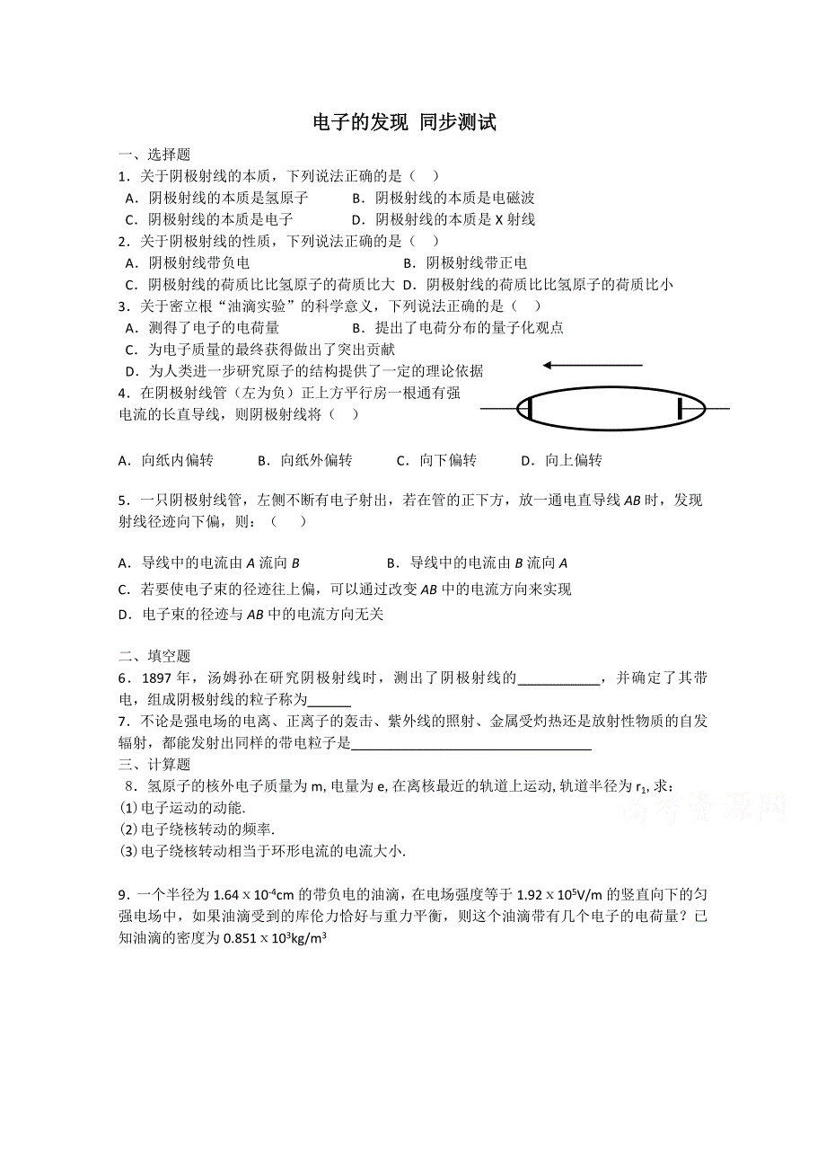 《河东教育》山西省康杰中学高中物理人教版选修3-5同步练习：18-1电子的发现 同步测试.doc_第1页