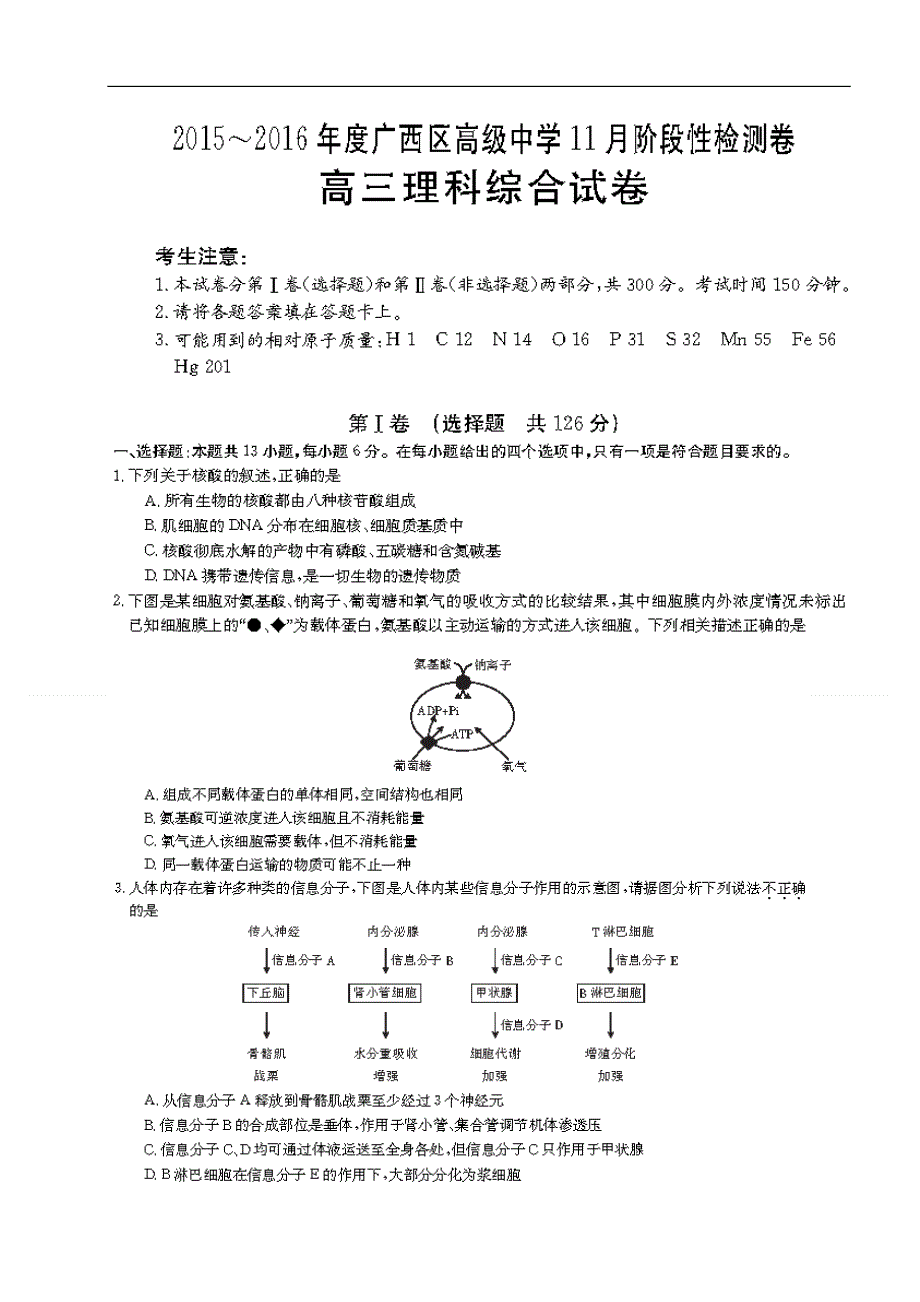 广西区高级中学2016届高三11月阶段考生物试题 扫描版含答案.doc_第1页