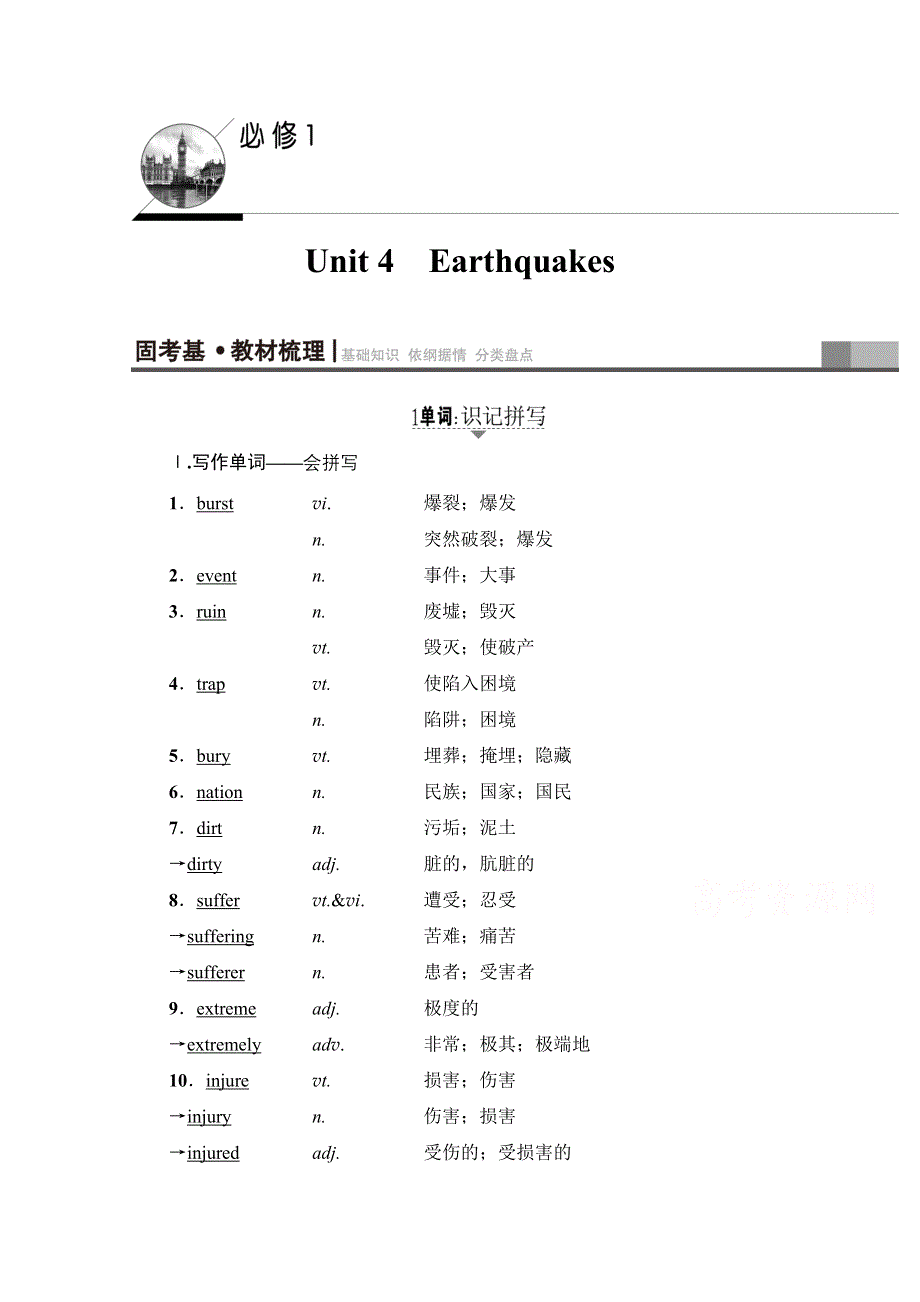 2018高考一轮（人教 通用版）英语（教师用书） 第1部分 必修1 UNIT 4　EARTHQUAKES WORD版含答案.doc_第1页