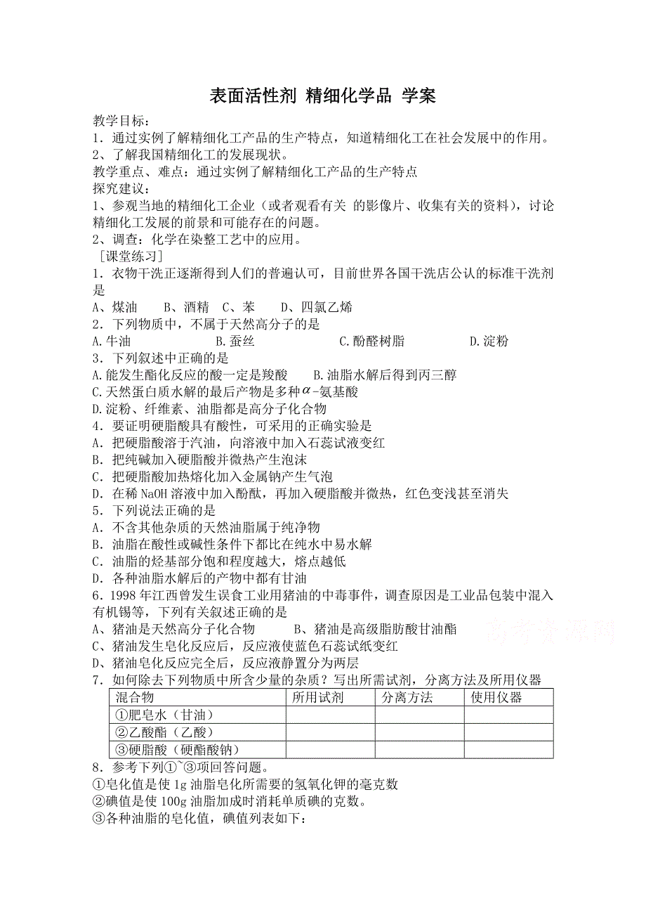 《河东教育》山西省运城中学高中化学人教版选修2学案 表面活性剂 精细化学品1.doc_第1页