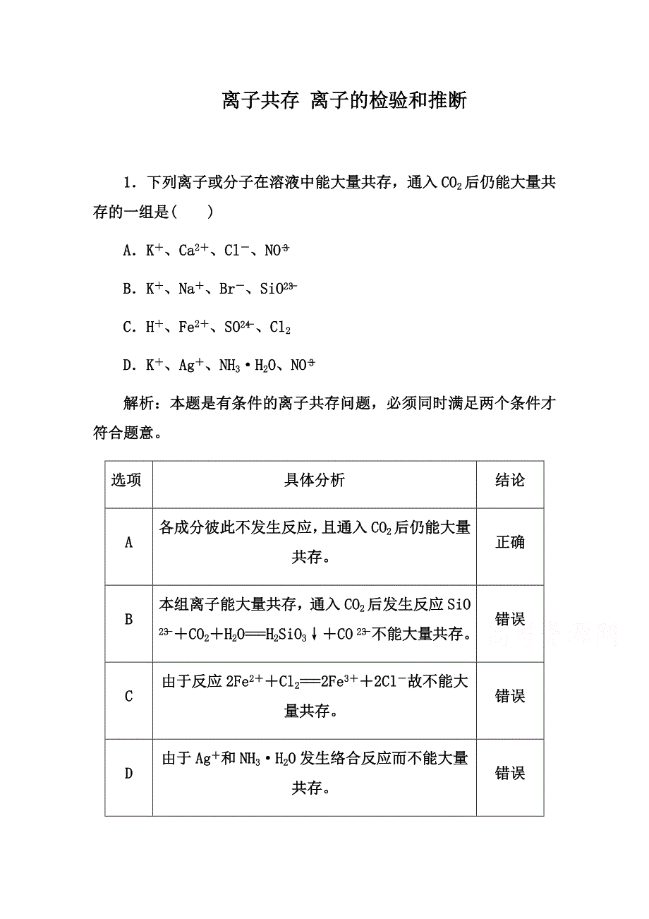 2022届高三化学通用版一轮复习强化训练：离子共存 离子的检验和推断 WORD版含答案.doc_第1页