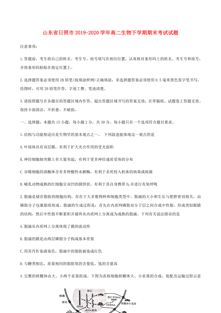 山东省日照市2019-2020学年高二生物下学期期末考试试题.doc_第1页