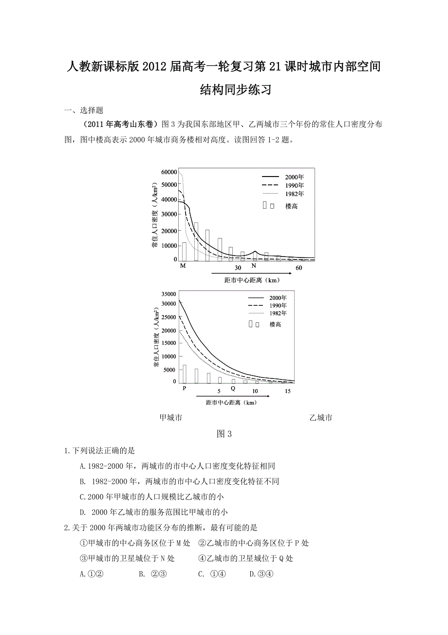 2012届高考地理一轮复习试题：第21课时城市内部空间结构.doc_第1页