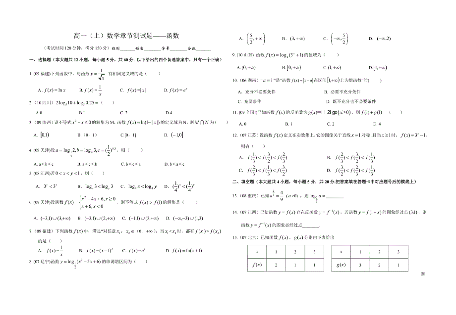 广西南宁外国语学校2011-2012学年高一上学期数学章节测试题——函数.doc_第1页