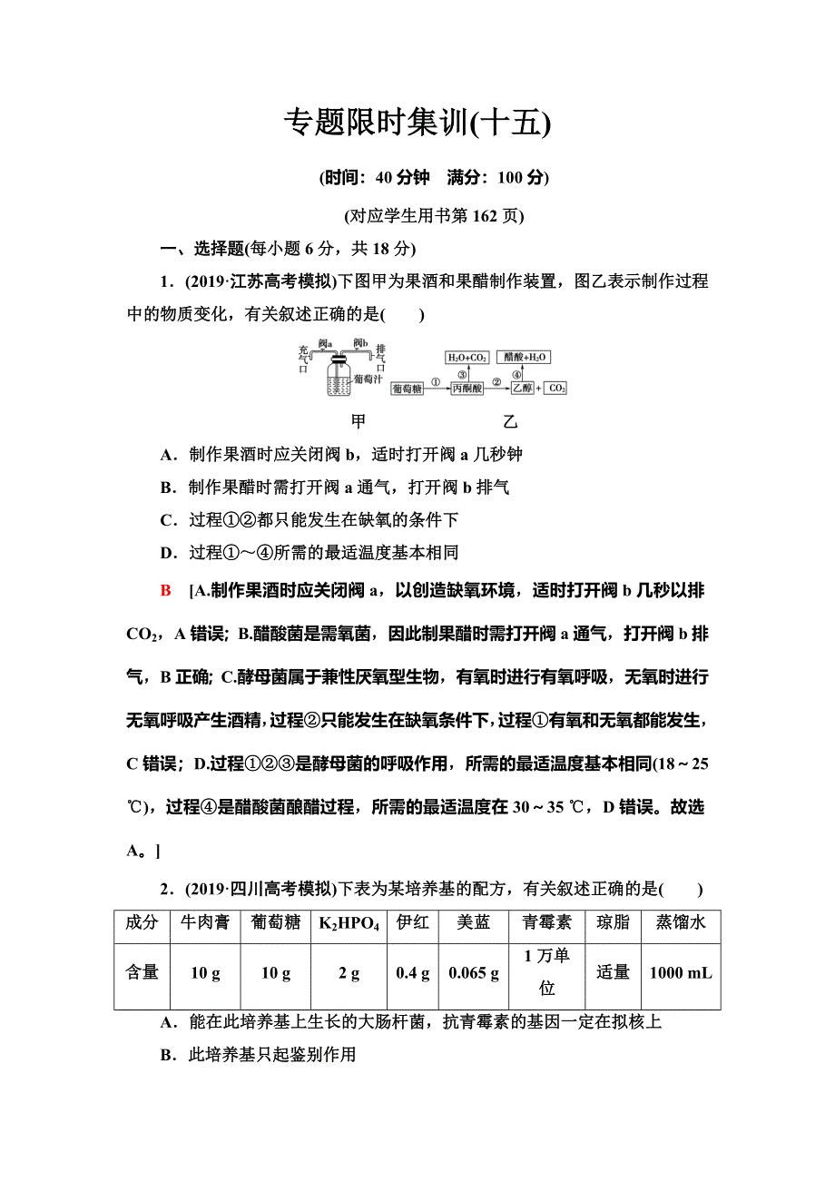 2020新课标高考生物二轮复习专题限时集训15　发酵工程 WORD版含解析.doc_第1页