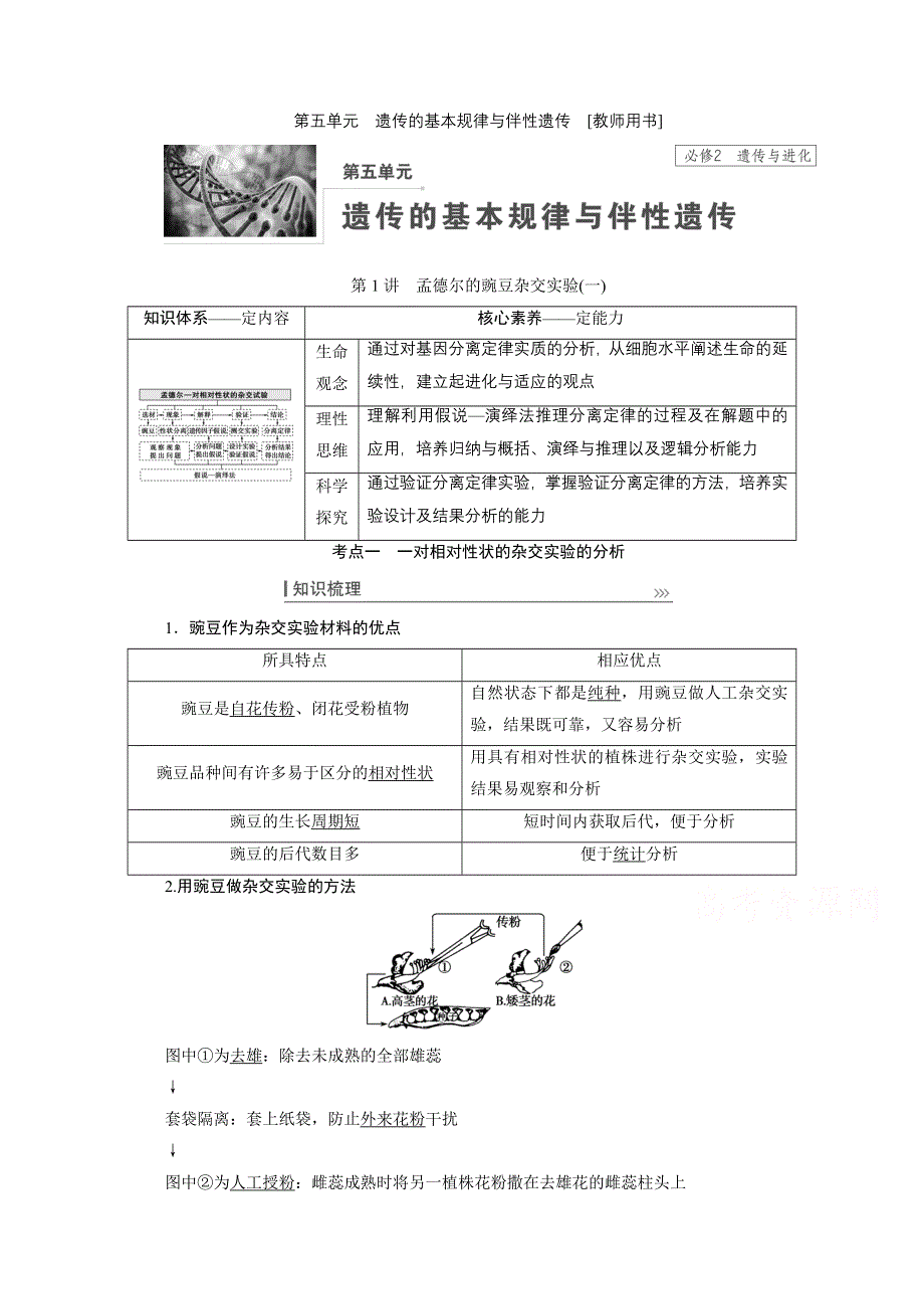 2022届高三生物一轮人教版教师用书：第五单元 第1讲　孟德尔的豌豆杂交实验（一） WORD版含解析.doc_第1页