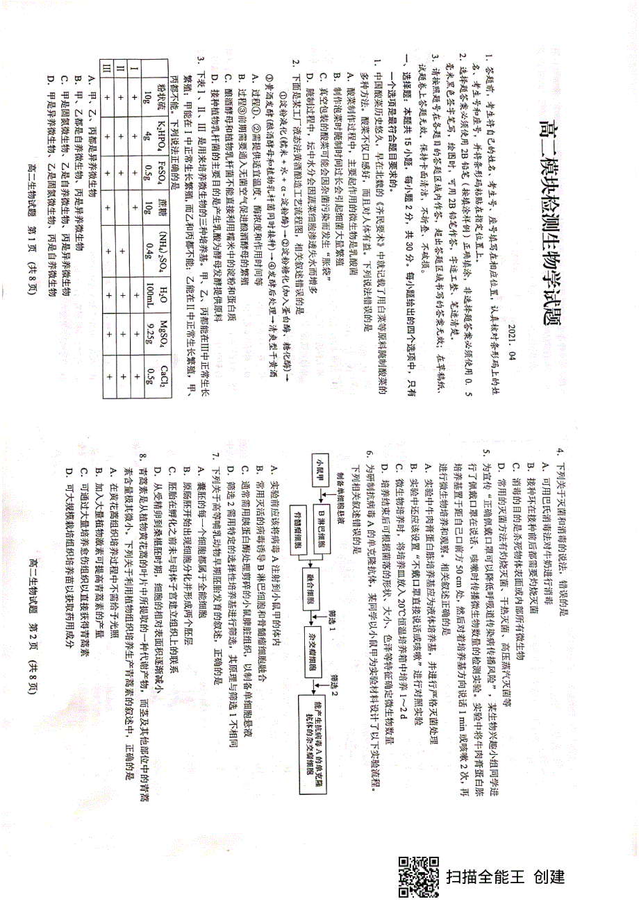 山东省日照市五莲县2020-2021学年高二生物下学期期中试题（PDF无答案）.pdf_第1页