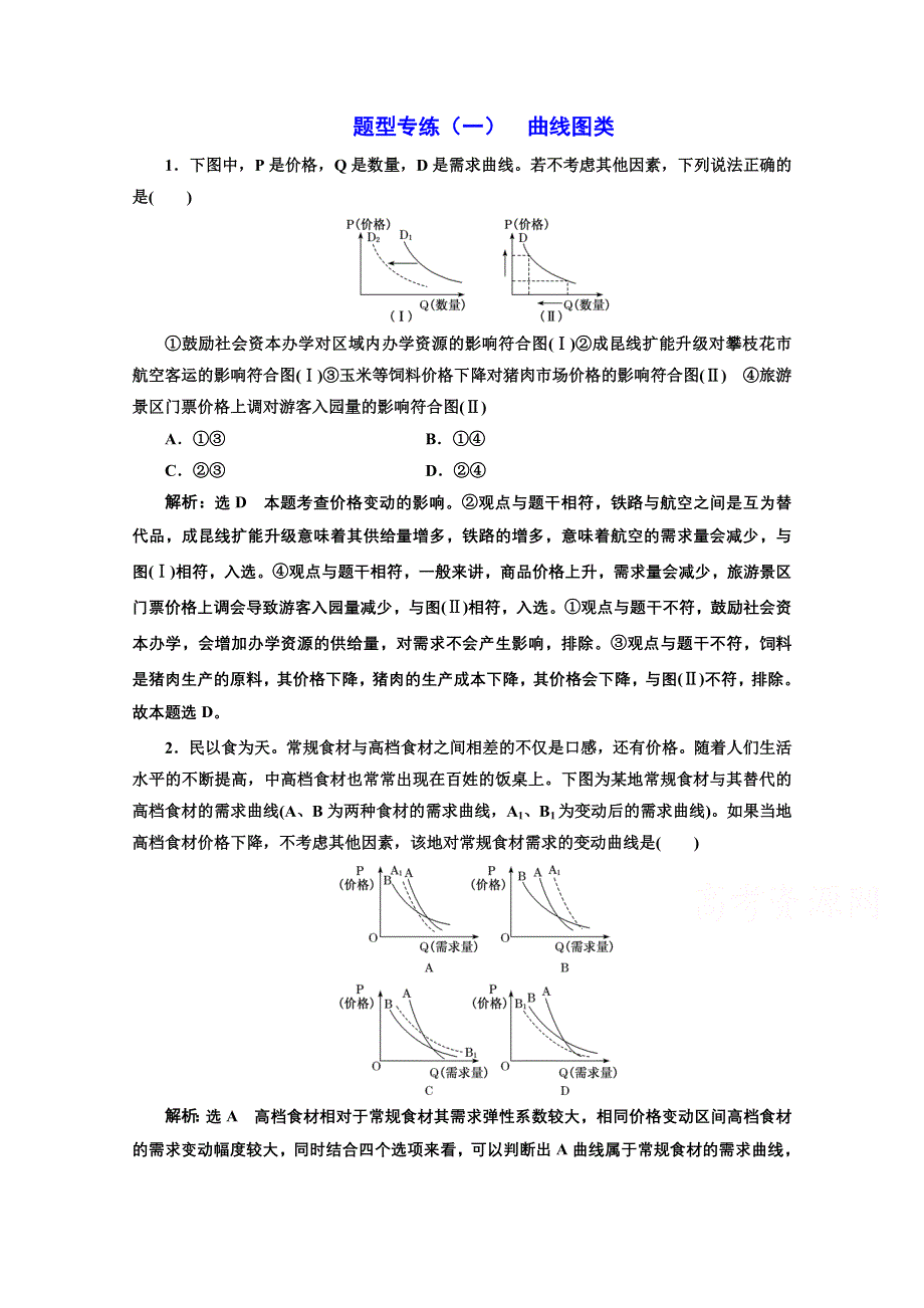 2021届高考政治全国版二轮复习参考题型专练（一） 曲线图类 WORD版含解析.doc_第1页