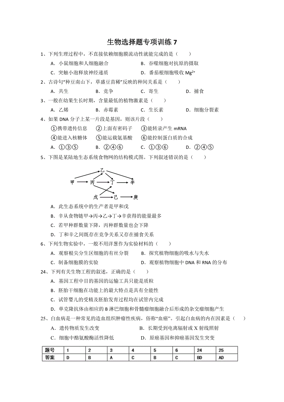 2013年高考生物选择题专项训练7 WORD版含答案.doc_第1页