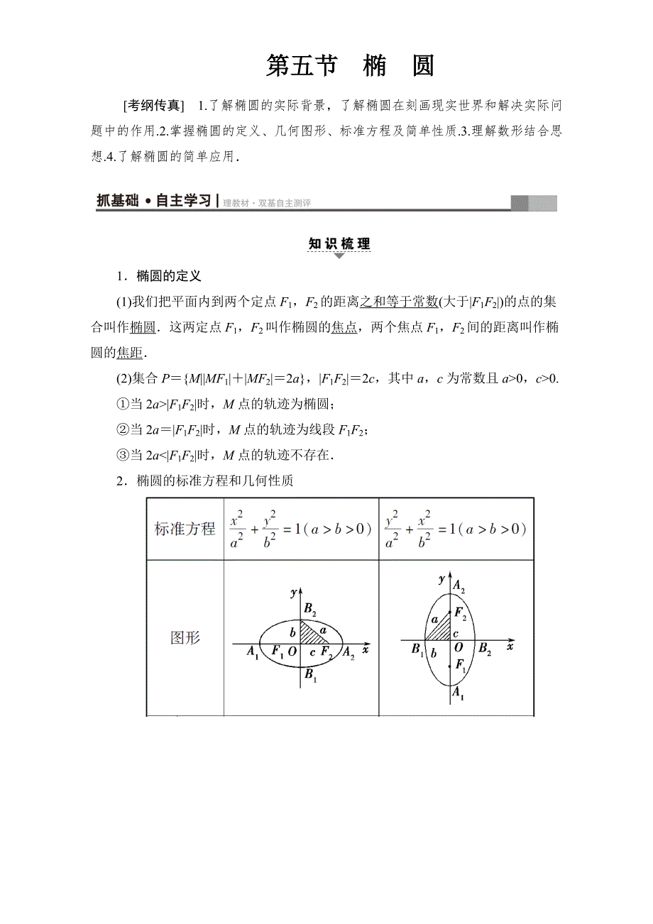 2018高考一轮北师大版数学（文）教师用书：第八章 平面解析几何17-18版 第8章 第5节 椭圆 WORD版含解析.doc_第1页