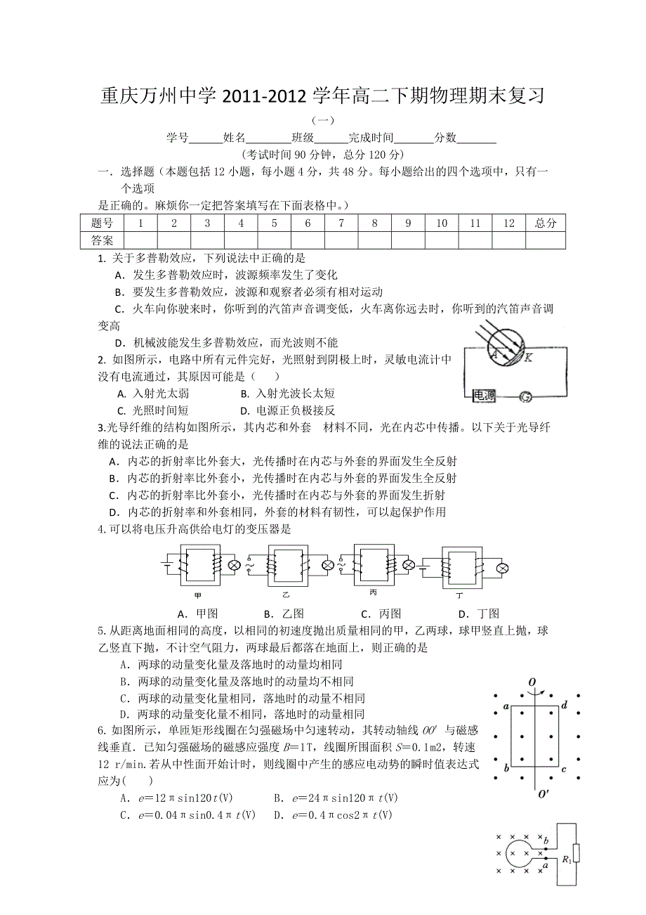 重庆万州中学2011-2012学年高二下期期末复习物理综合练习（一）.doc_第1页