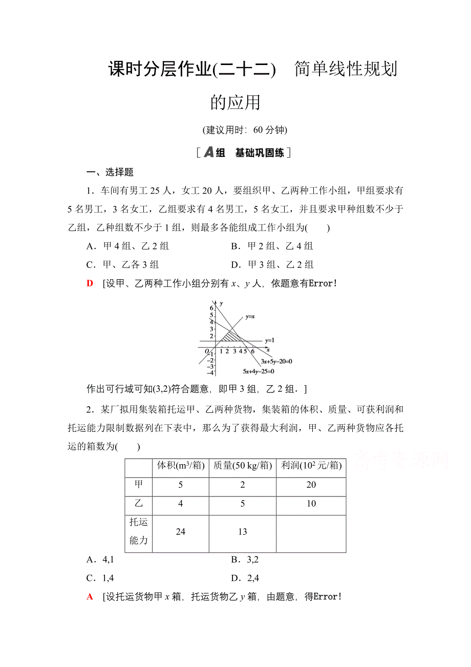 2020-2021学年数学北师大版必修5课时分层作业22　简单线性规划的应用 WORD版含解析.doc_第1页