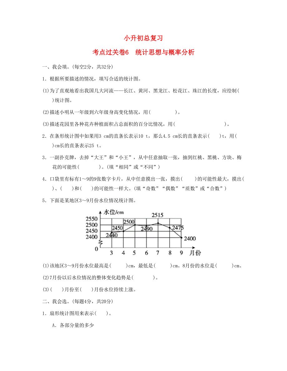 六年级数学下册 考点过关卷6 统计思想与概率分析 新人教版.doc_第1页