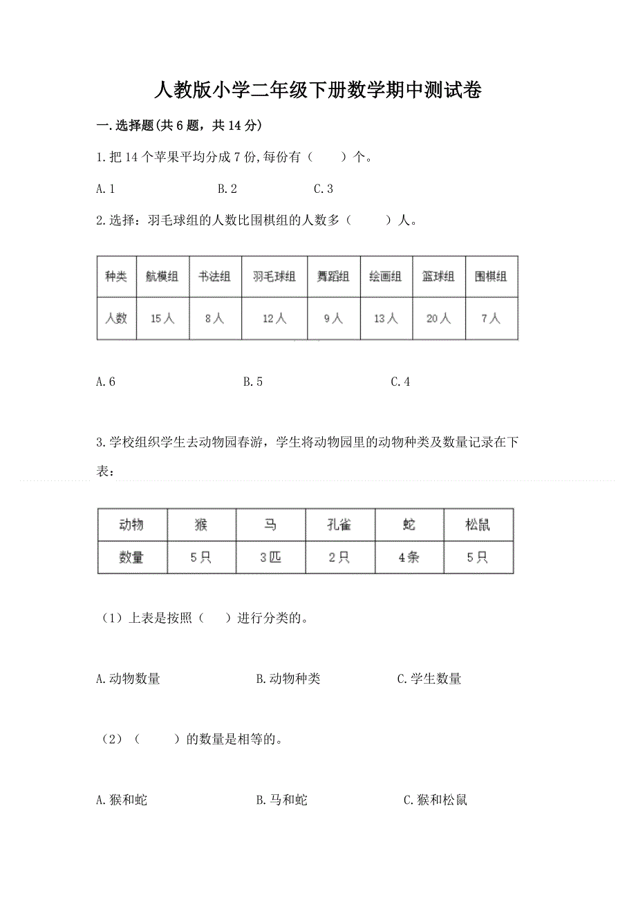 人教版小学二年级下册数学期中测试卷带答案（考试直接用）.docx_第1页