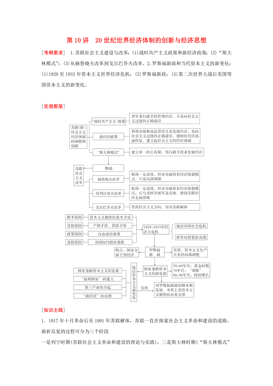 2016届高考《新课标》历史二轮复习学案：第1部分 板块3 第10讲《20世纪世界经济体制的创新与经济思想》（人民版） .doc_第1页