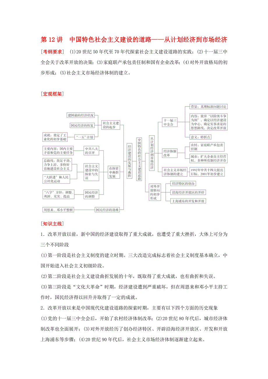 2016届高考《新课标》历史二轮复习学案：第1部分 板块3 第12讲《中国特色社会主义建设的道路-从计划经济到市场经济》（人民版） .doc_第1页