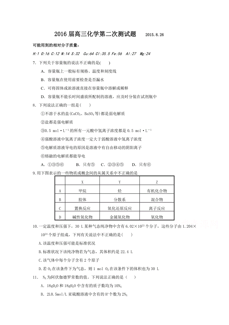 广西玉林市陆川县实验中学2016届高三上学期8月份考试化学试题 WORD版含答案.doc_第1页