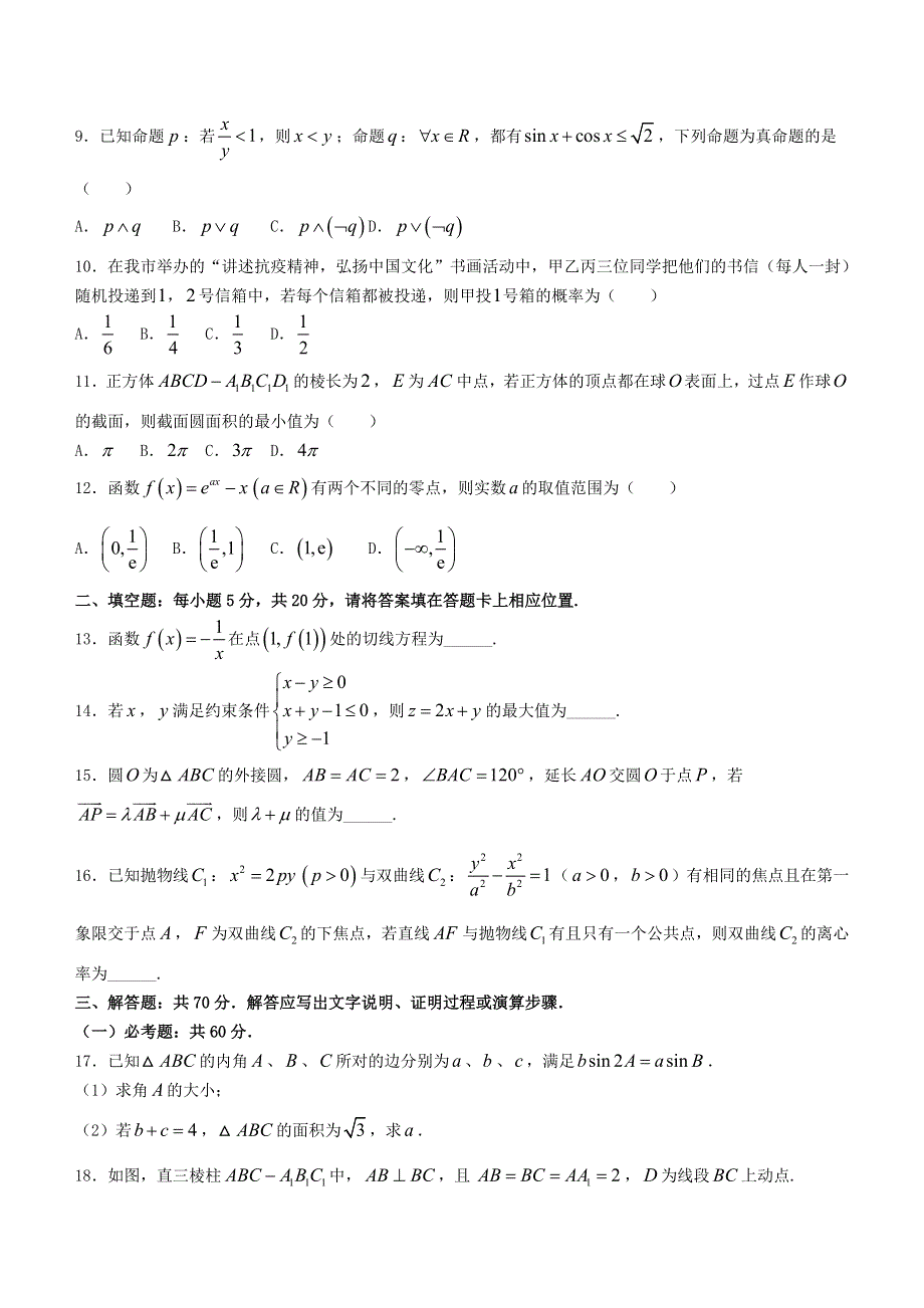 四川省达州市2020-2021学年高二数学下学期期末考试试题 文.doc_第2页