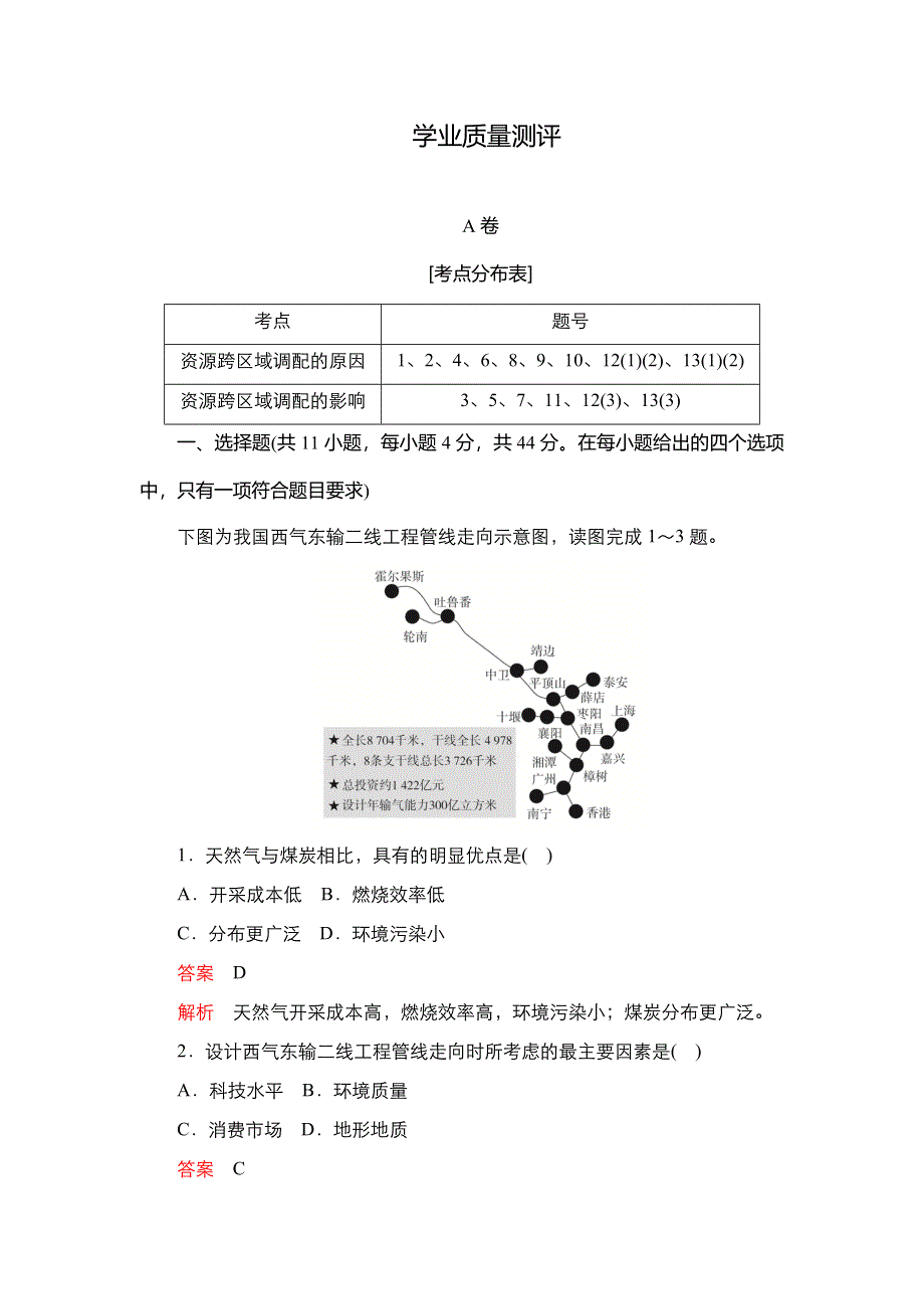 2020秋高二地理人教版必修3 第五章 第一节 资源的跨区域调配──以我国西气东输为例 学业质量测评 WORD版含解析.DOC_第1页