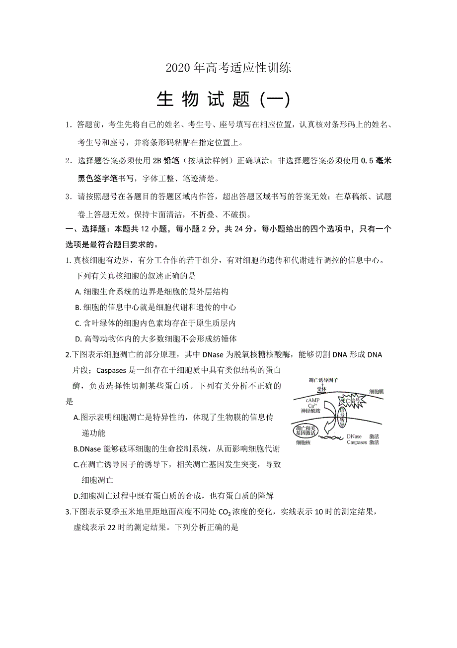 山东省泰安肥城市2020届高三适应性训练（一）生物试题 WORD版含答案.doc_第1页