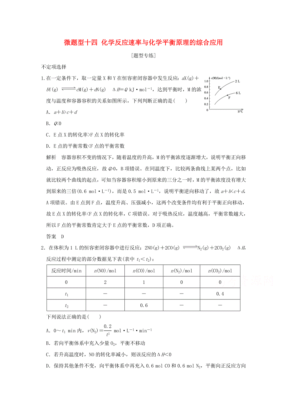 2016届高考化学二轮复习 微题型十四 化学反应速率与化学平衡原理的综合应用（江苏专用） WORD版含解析.doc_第1页