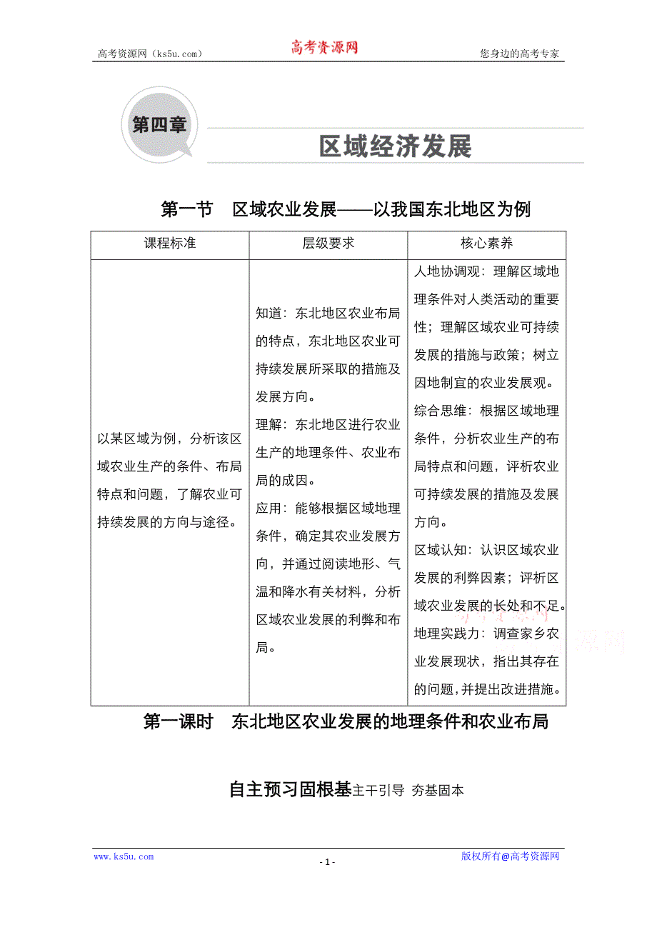 2020秋高二地理人教版必修3学案：第4章第1节 第1课时　东北地区农业发展的地理条件和农业布局 WORD版含解析.doc_第1页