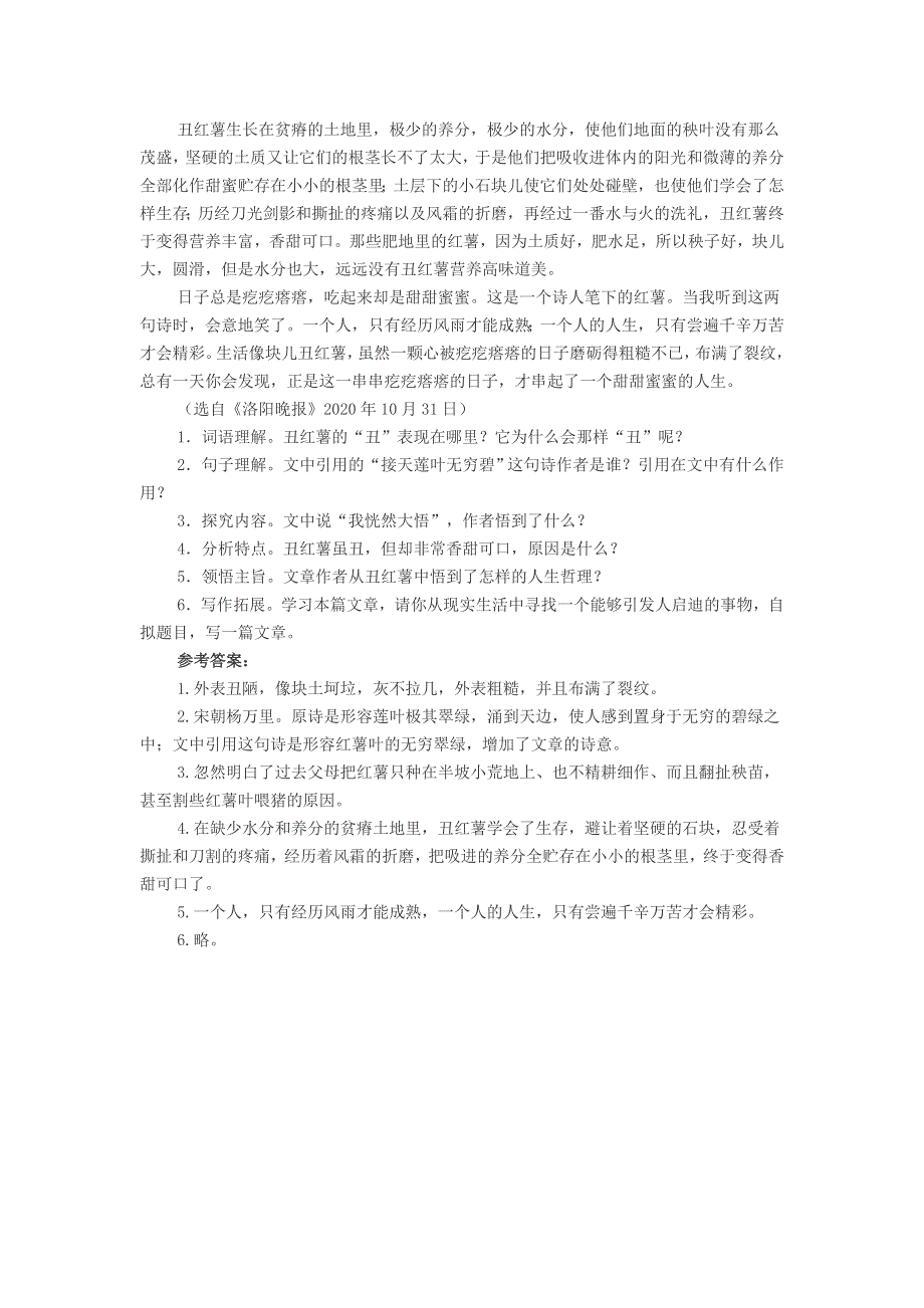 初中语文《丑红薯》阅读题及答案.doc_第2页