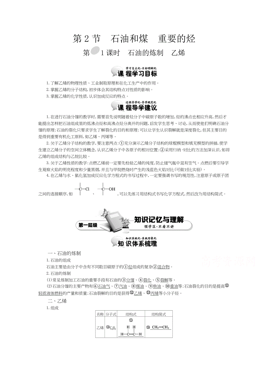 《导学案》2015年高中化学鲁科必修2教师用书 3.2.1石油的炼制　乙烯.doc_第1页