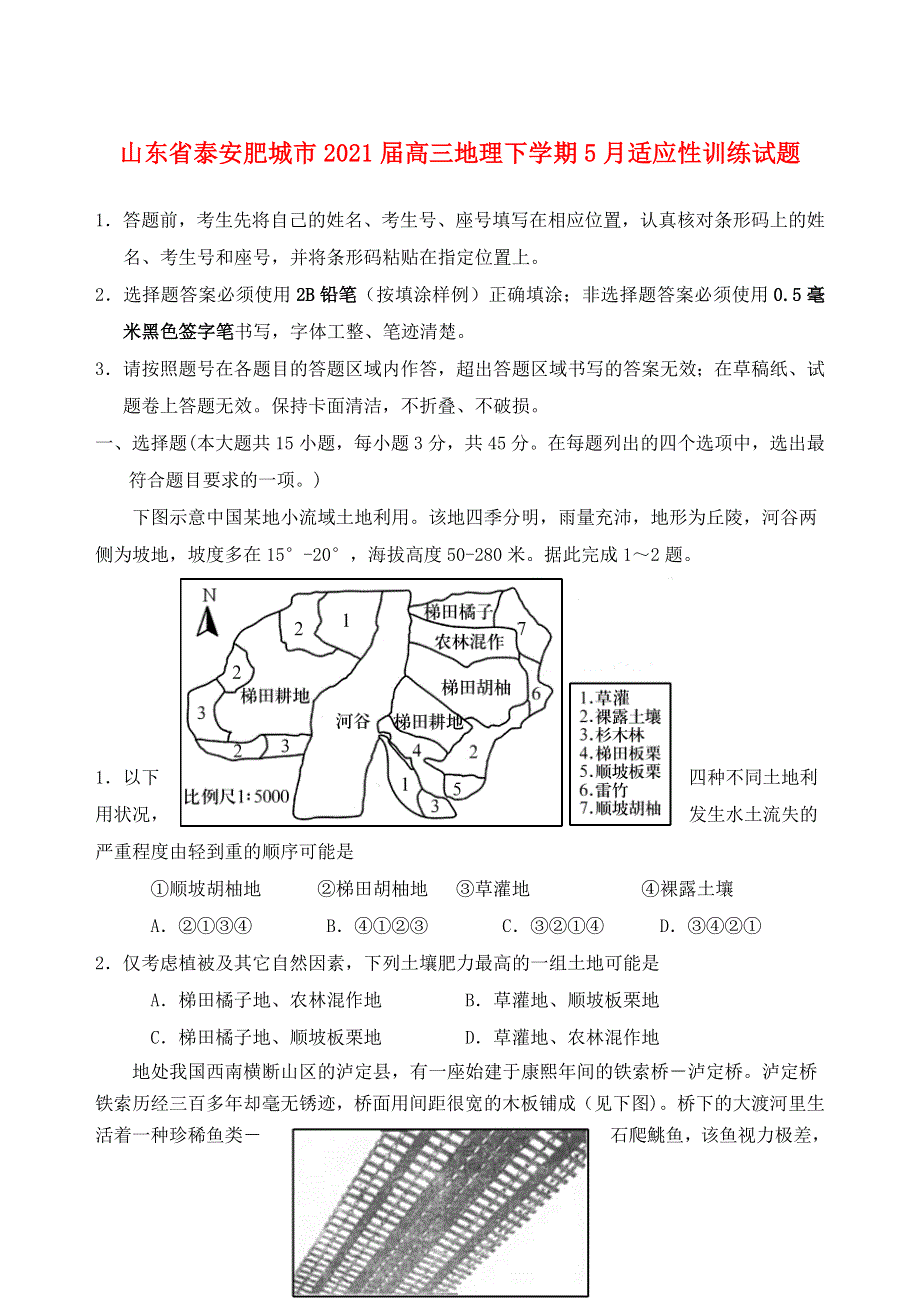 山东省泰安肥城市2021届高三地理下学期5月适应性训练试题.doc_第1页